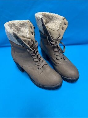 Revamped Taupe Lace-Up Faux-Shearling Ankle Boots